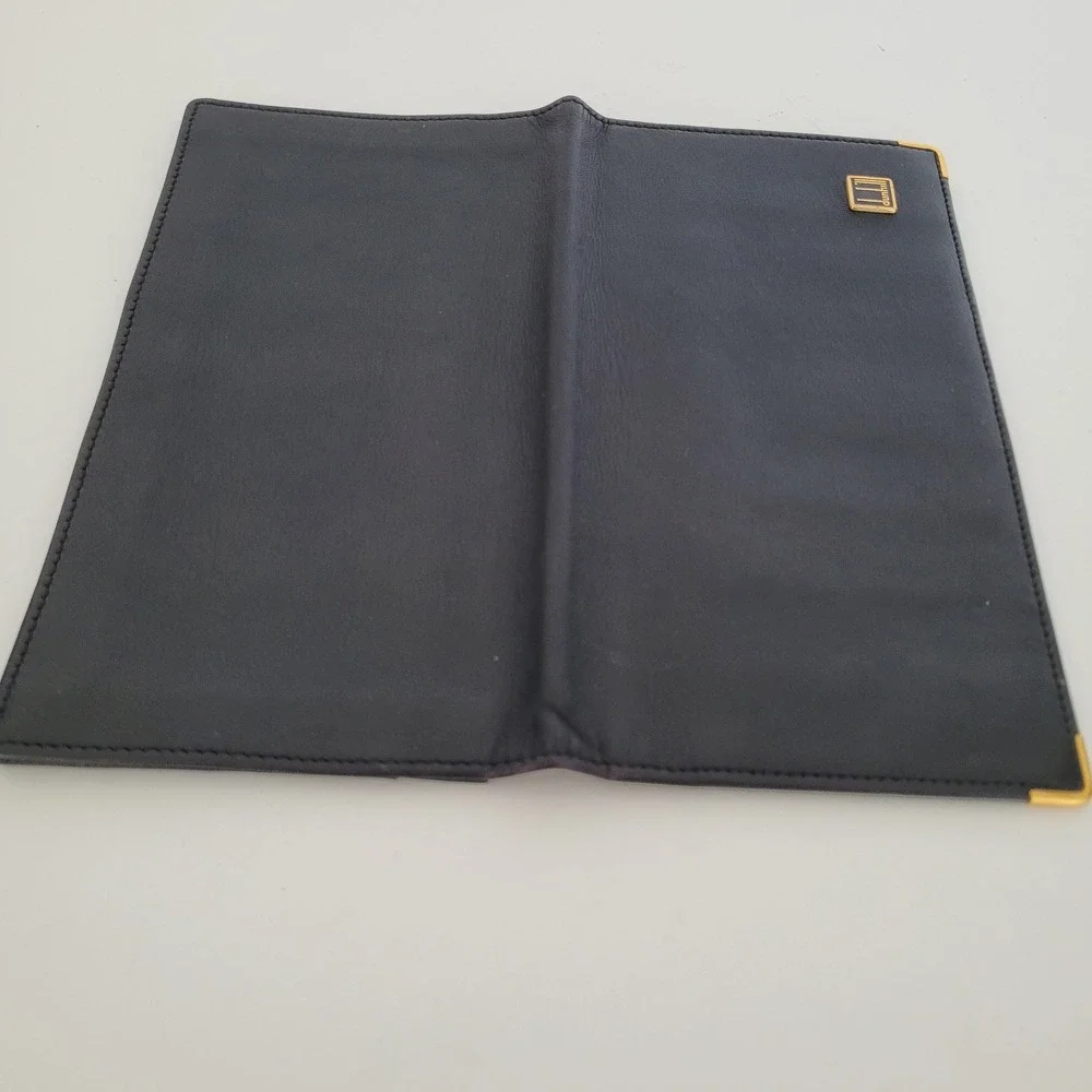 Dunhill Mens Black Leather Long Bi-Fold Wallet Gold Tone Corners Logo Pocket